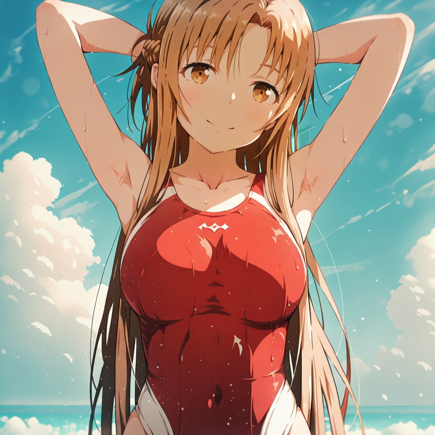 ai_generated armpits asuna_(sao) breasts brown_hair female outdoors solo spasibo15 swimsuit sword_art_online yuuki_asuna