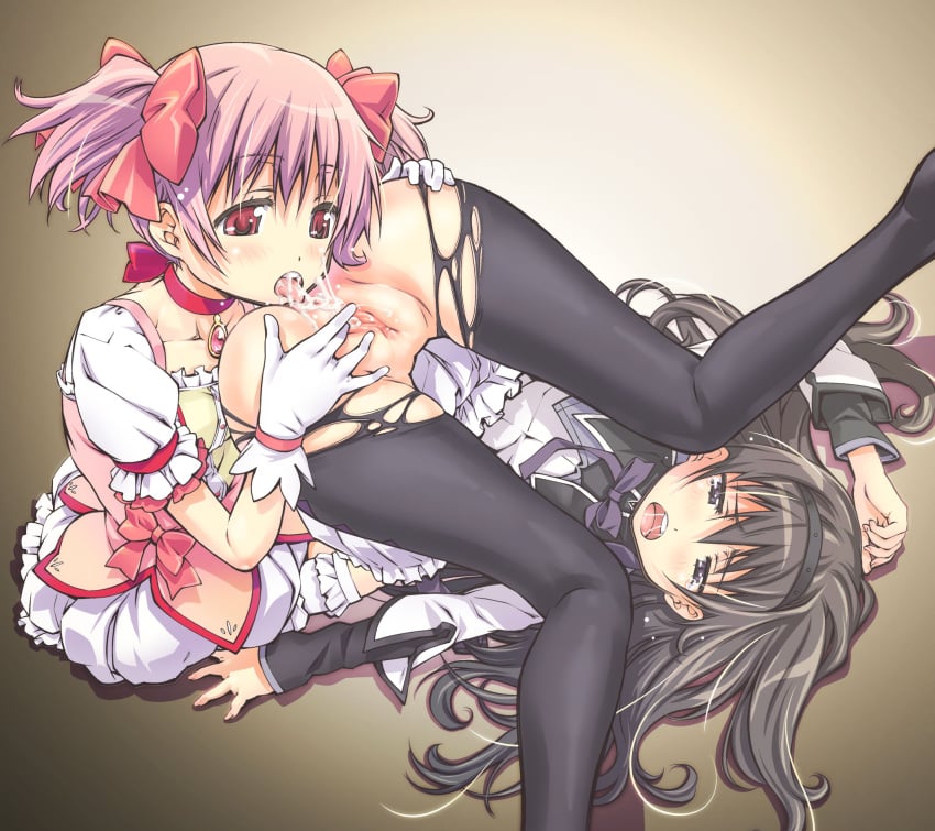 2girls akemi_homura anilingus black_hair black_legwear blush choker female gloves hair hairband highres human long_hair madoka_kaname magical_girl mahou_shoujo_madoka_magica multiple_girls open_mouth oral pantyhose pink_eyes pink_hair purple_eyes pussy rimjob rimming short_hair suzuki24 tied_hair tongue tongue_out torn_clothes torn_pantyhose twintails uncensored white_gloves yuri