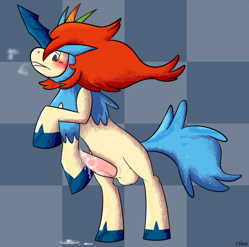 2014 abstract_background balls blush breath cum cum_drip cum_on_floor cum_on_penis equine erection feral hair half-closed_eyes hi_res hooves horn keldeo keldeo_(resolute_form) long_hair looking_down male male_keldeo mammal mythical_pokemon nintendo orgasm penis pokémon_(species) pokemon pokemon_(species) raised_leg ryloo teeth unicorn video_games