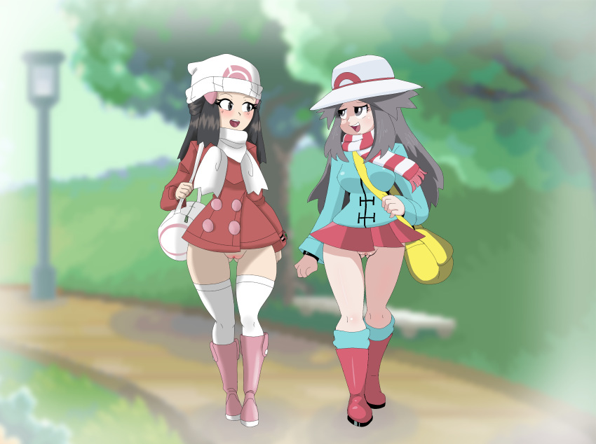 2girls absurdres aliasing bag beanie big_breasts black_eyes black_hair blue_jacket blue_legwear blush boots bottomless breasts brown_hair clitoral_hood clothing coat collaboration dawn_(pokemon) dawn_(pokemon_platinum) eye_contact eyebrows_visible_through_hair eyelashes female female_only full_body grey_eyes grey_hair hair_ornament hairclip half-closed_eyes hand_up hat highres holding human human_only jacket kneehighs leaf_(pokemon) long_hair long_sleeves multiple_girls nintendo no_panties open_mouth outdoors pink_footwear pink_neckwear png pokemon pokemon_dppt pokemon_frlg pokemon_platinum pokemon_rgby protoscene pussy red_coat red_footwear red_jacket scarf skindentation skirt skitterleaf small_breasts smile standing striped_neckwear teeth textless thighhighs tongue uncensored walking white_hat white_legwear white_neckwear white_scarf wide_hips winter_clothes