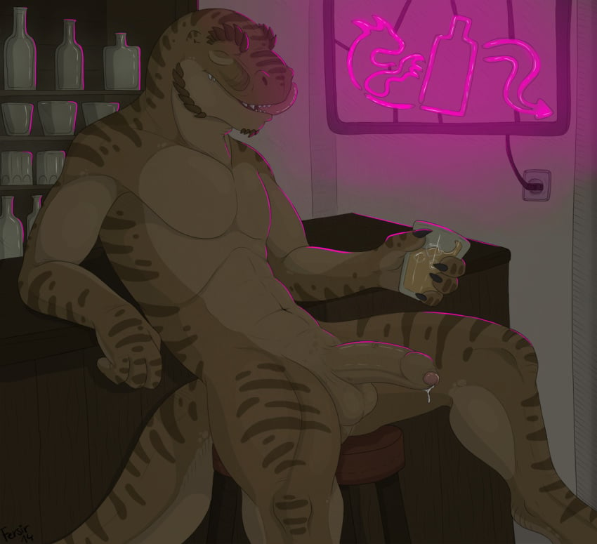 alcohol anthro balls bar beverage closed_eyes dinosaur dripping erection fersir licking male male_only nude penis precum scalie solo tongue tyrannosaurus_rex