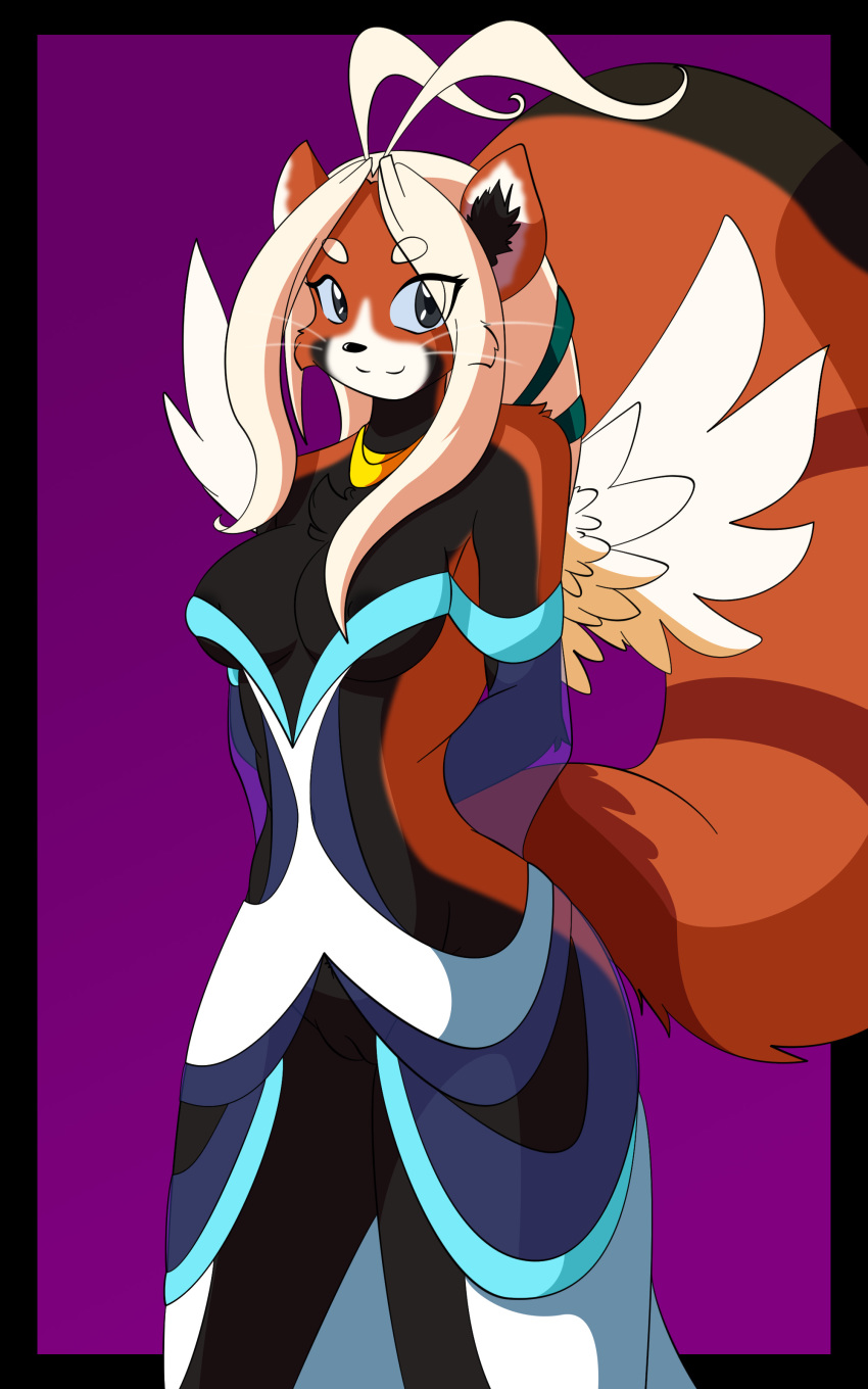 anthro areola black_fur breasts brown_fur cameltoe clothed clothing dress edit female fur furry grey_eyes hair hands_behind_back hi_res las_lindas looking_at_viewer mammal messiah necklace nipples open_eyes pussy red_panda see-through sheer skimpy smile solo standing wings