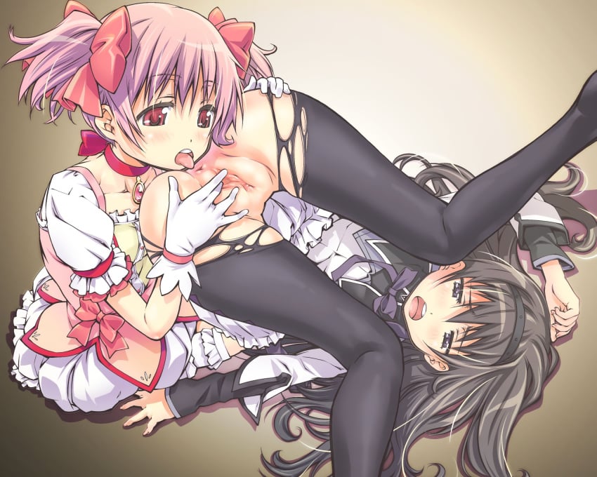 akemi_homura anus black_hair cunnilingus female hair human madoka_kaname mahou_shoujo_madoka_magica oral pantyhose pink_hair pussy suzuki24 torn_clothes uncensored yuri