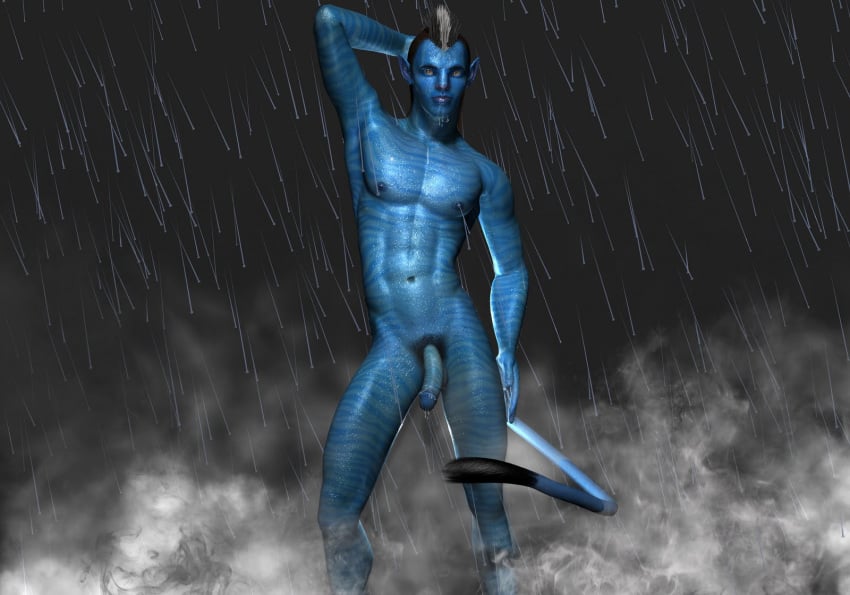 1boy 3d alien alien_only avatar balls blue_body blue_skin gay looking_at_viewer male male_only muscles na'vi nude penis poser rain solo yaoi