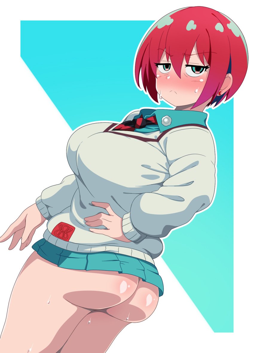 amate_yuzuriha aqua_eyes aqua_shirt aqua_skirt ass big_ass blush breasts closed_mouth female from_behind gundam gundam_gquuuuuux highres kani_club large_breasts long_sleeves looking_at_viewer looking_back miniskirt necktie no_panties red_hair school_uniform shiny_skin shirt short_hair skirt solo standing sweat sweater