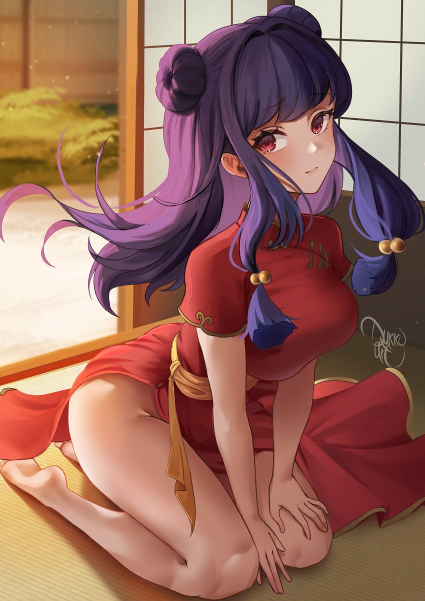 ass_visible_from_the_front bare_arms bare_legs bare_thighs barefoot big_breasts blush breasts china_dress chinese_clothes closed_mouth double_bun dukkoart feet hair_bun hand_on_own_knee indoors long_hair on_knees purple_hair ranma_1/2 red_dress red_eyes shampoo_(ranma_1/2) short_sleeves smile tatami thick_thighs thighs