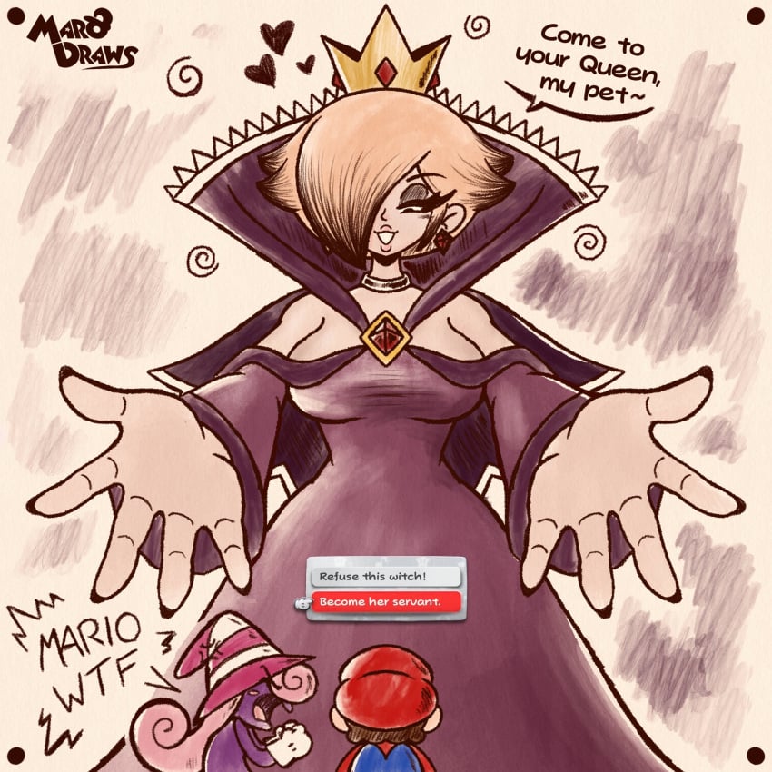 1boy2girls 1male 1male2female 1man 2females 2girls arms_open arms_out arms_spread artist_name artist_signature black_cape black_capelet black_collar black_dress black_earrings black_fingernails black_highlights blonde_female choice choice_question crown dark_persona dark_rosalina evil_eyes evil_smile eye_shadow giant_female giant_woman giantess heart im_too_fucking_lazy_to_tag_it_right_now looking_at_another looking_down looming looming_over mario mario_(series) marodraws nintendo paper_mario paper_mario:_the_thousand-year_door possessed princess_rosalina shadow_queen shadow_rosalina super_mario_bros. super_mario_galaxy tagme tall_female tall_girl taller_girl twitter twitter_link vivian_(paper_mario)