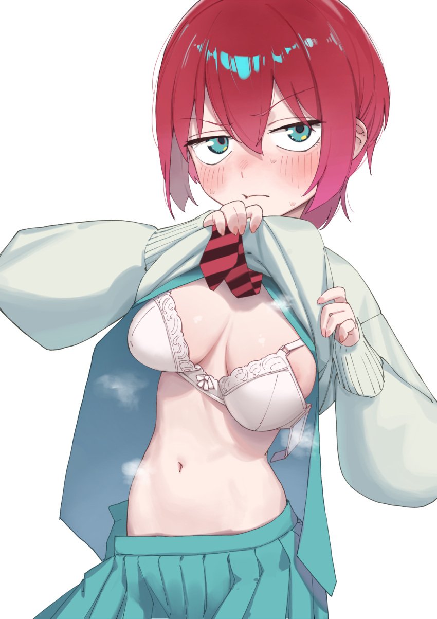 1girls :t amate_yuzuriha aqua_eyes aqua_skirt areola_slip blush bra breasts closed_mouth clothes_lift gundam gundam_gquuuuuux hair_between_eyes highres lifting_own_clothes long_sleeves looking_at_viewer medium_breasts navel necktie pleated_skirt red_hair red_necktie rikuhito_juusan short_hair simple_background skirt solo steaming_body sweater sweater_lift underwear upper_body white_background white_bra