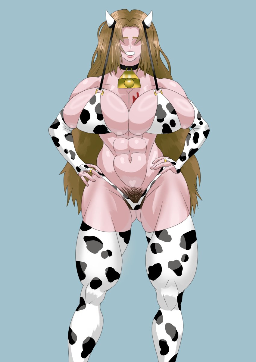 ass_visible_through_thighs barthone bikini breast_tattoo brown_hair cow_horns cow_print cow_print_armwear cow_print_bikini cow_print_panties cow_print_thighhighs cowbell huge_ass huge_breasts huge_thighs large_ass large_breasts limbus_company long_hair looking_at_viewer milf muscular_male project_moon rodion_(limbus_company) smiling smiling_at_viewer stockings tattoo tattoo_on_breast thick_thighs thong thong_bikini