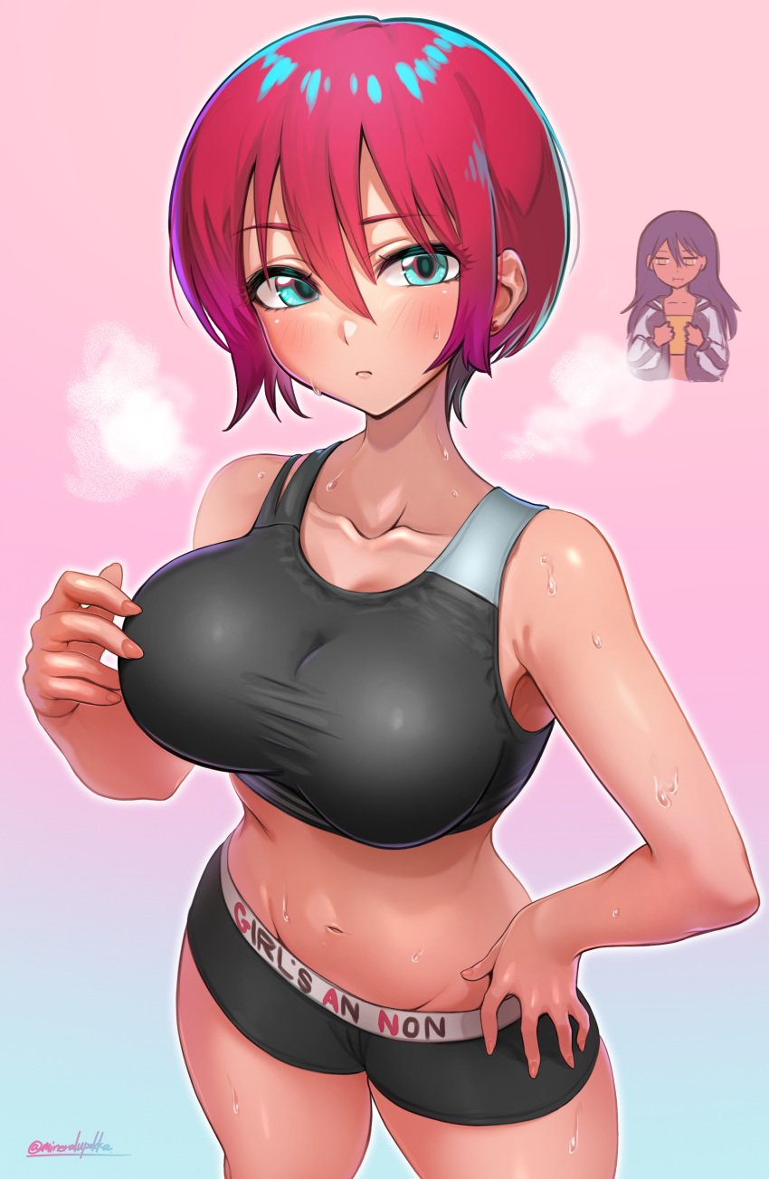 2girls absurdres amate_yuzuriha aqua_eyes artist_name bike_shorts black_hair black_sports_bra blush breasts closed_mouth clothes_writing crop_top duralu500 gundam gundam_gquuuuuux hand_on_own_hip highres jacket large_breasts long_hair long_sleeves looking_at_viewer midriff multiple_girls navel nyaan_(gundam_gquuuuuux) raised_eyebrow red_hair shirt short_hair smoke sports_bra sportswear stomach sweat twitter_username yellow_eyes