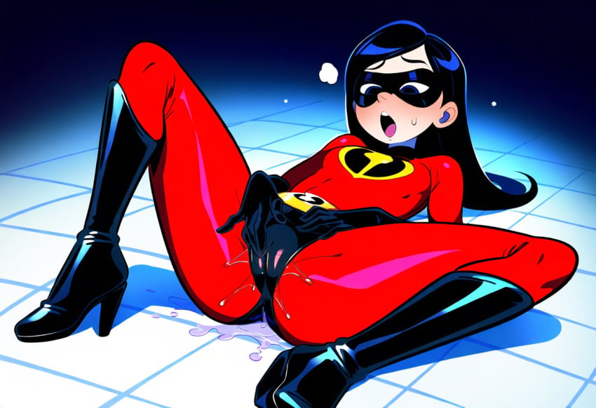 ai_generated bodysuit cameltoe fingering fingering_through_clothes masturbation skin_tight skinsuit superheroine the_incredibles violet_parr