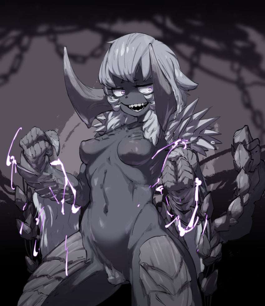 1girls arkveld bush claws electricity female female_only gray_hair grey_body grey_hair grey_skin hairy_pussy horn horns kida_eve monster_girl monster_hunter monster_hunter_wilds nipples no_sex pubic_hair purple_eyes scales sharp_claws sharp_teeth small_breasts