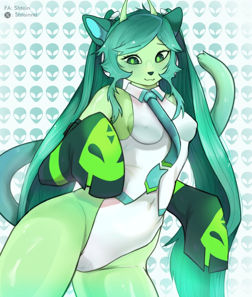 1girls 2025 alien alien_girl anthro artist_name belly blush bodysuit breasts cat_ears cat_tail domestic_cat felid felid_humanoid feline female furry genitals glorpi_miku_(dyarikku) gloves green_eyes green_fur green_hair hatsune_miku hi_res horns long_gloves long_hair mammal necktie nipples nipples_visible_through_clothing nipples_visible_through_swimsuit pussy pussy_visible_through_clothes pussy_visible_through_swimsuit shtein shy skinsuit solo solo_female thigh_clothes translucent vocaloid