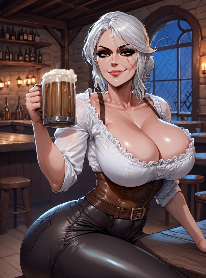 ai_generated alcohol aristartz_ai ass beer big_ass big_breasts breasts cd_projekt_red ciri clothing curvy_female female light-skinned_female looking_at_viewer mascara scar smiling solo tavern the_witcher_(series) the_witcher_3:_wild_hunt white_hair yellow_eyes