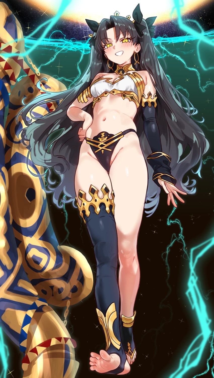 belly belly_button black_hair bow ebora fate/grand_order fate_(series) feet golden_eyes hd ishtar_(fate) light_skin revealing_clothes skimpy_clothes smile stockings thighs tummy twintails youngmanisdown