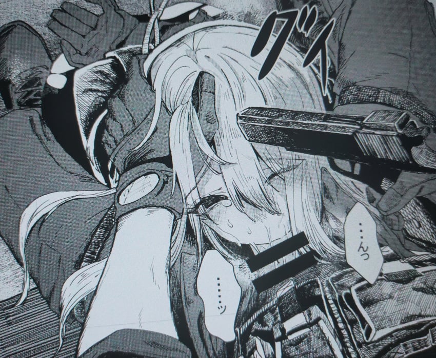 at_gunpoint blowjob censored crying crying_with_eyes_open crying_with_one_eye_closed dormicum handgun head_grab japanese_text leg_holster male_pov monochrome one_eye_closed original original_character pistol pov torn_clothes wrists_tied