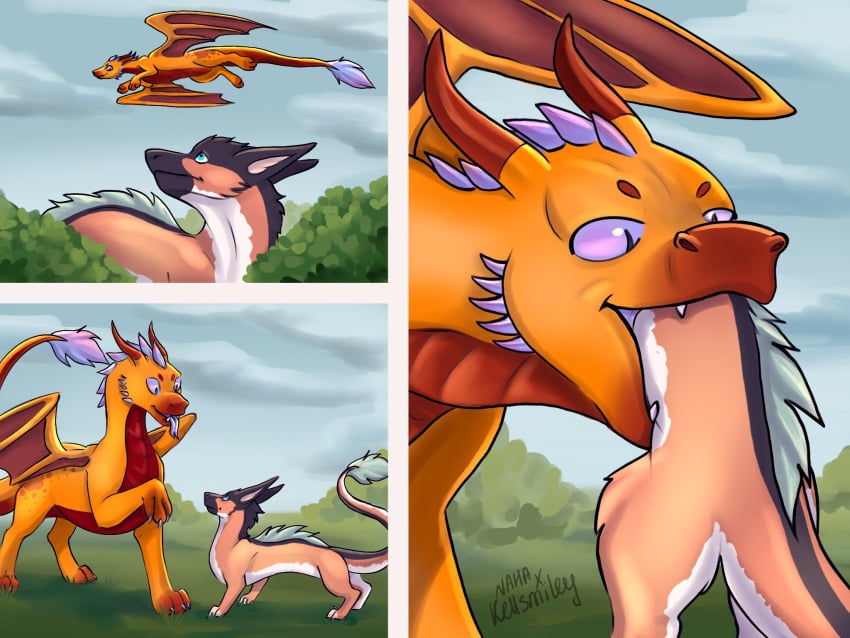 ambiguous_gender back_wings dragon duo fangs female female/ambiguous feral feral_on_feral flying hi_res horn larger_female mythological_creature mythological_scalie mythology naha_draw oral_vore paws quadruped scalie size_difference spread_wings teeth vore wings zorgoia