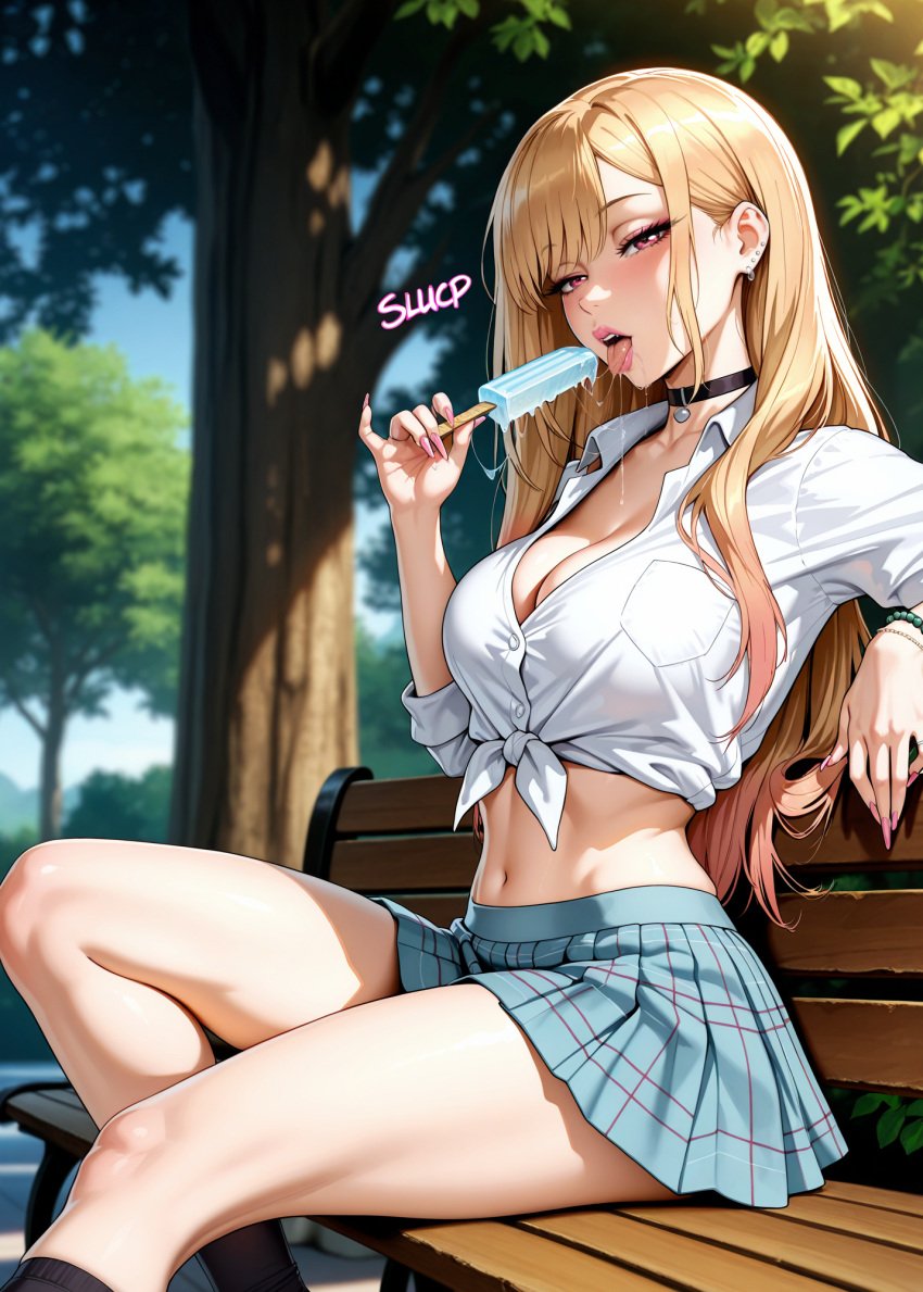 1girls ai_generated bitchy blonde_hair bracelet breasts cheating cheating_girlfriend choker cleavage female human ice_cream japanese_female kitagawa_marin light-skinned_female light_skin lipstick looking_at_another looking_at_viewer makeup midriff multicolored_hair netorare ntr park park_bench piercing pink_eyes pink_lipstick plaid_skirt public public_indecency saliva saliva_drip saliva_string seductive seductive_body seductive_look sitting sitting_on_bench skirt socks solo solo_female sono_bisque_doll_wa_koi_wo_suru stable_diffusion sucking sucking_ice_cream suggestive tied_shirt vooluxx