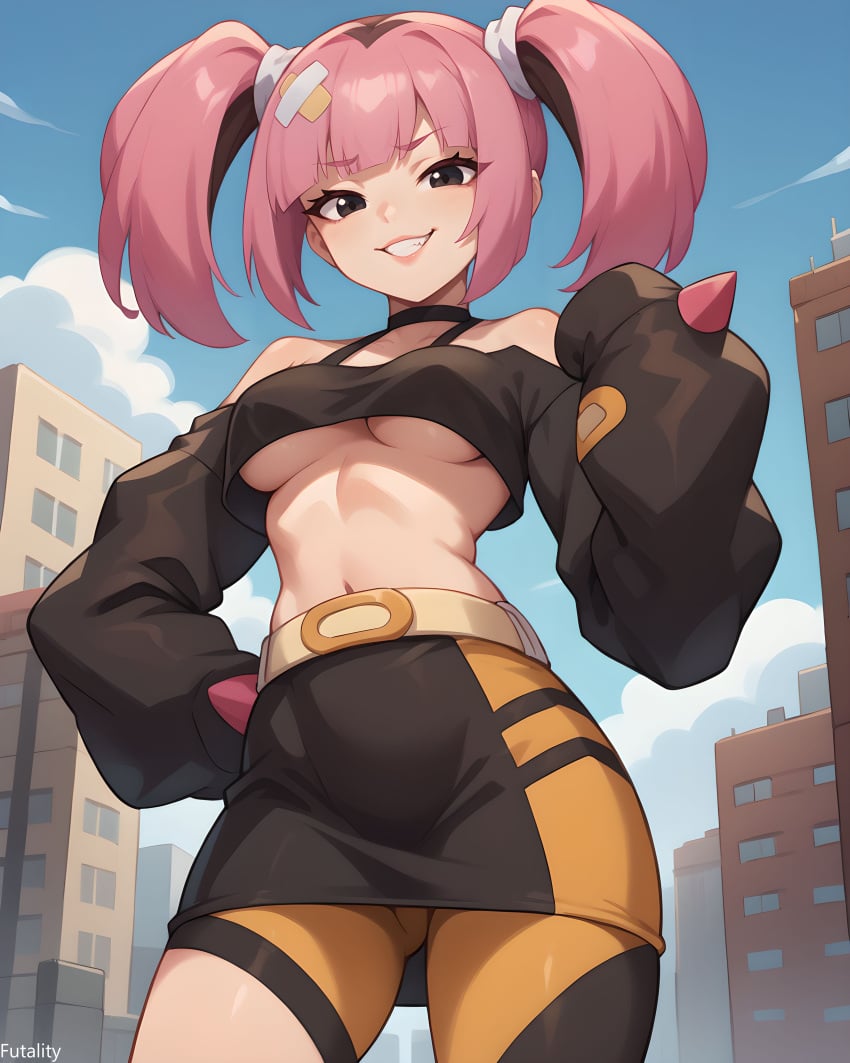 ai_generated black_shirt city coral_(pokemon) female female female_focus from_below futality girl leggings lips looking_at_viewer medium_breasts midriff navel outdoors pink_hair pokemon pokemon_horizons sexy skirt smirk smug standing teeth thighs twintails underboob