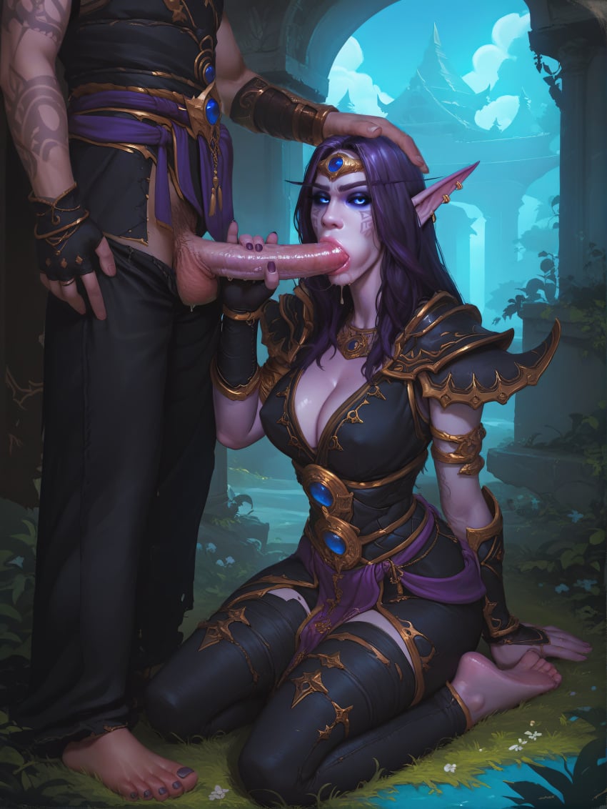 1male ai_garbage ai_generated blowjob cheek_bulge clothed from_side full_body void_corruption_(warcraft) world_of_warcraft xal'atath