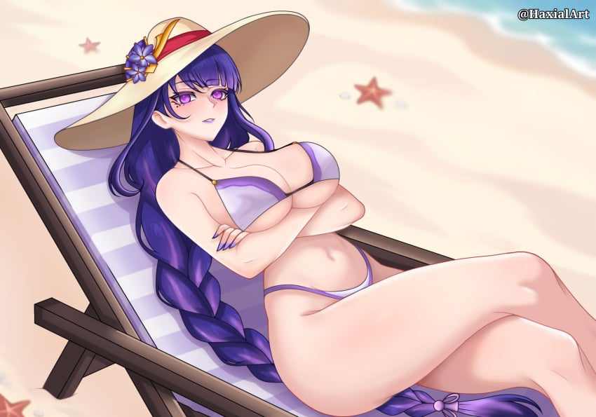 beach big_breasts bikini genshin_impact haxial long_hair pinup raiden_ei raiden_shogun summer sun_hat swimsuit swimwear tagme thick_thighs