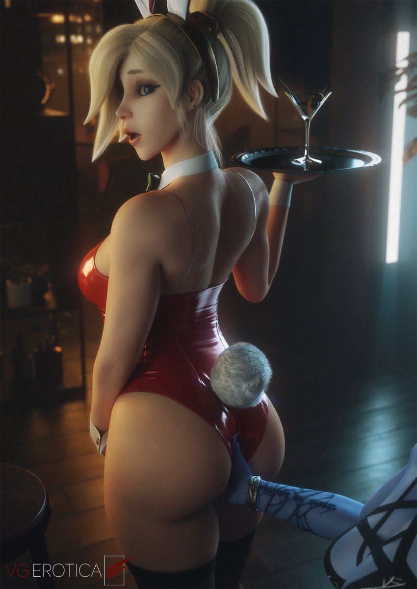 2girls 3d bunnysuit female female_only groping groping_ass light-skinned_female light_skin mercy overwatch touching_ass vgerotica video_game_character widowmaker