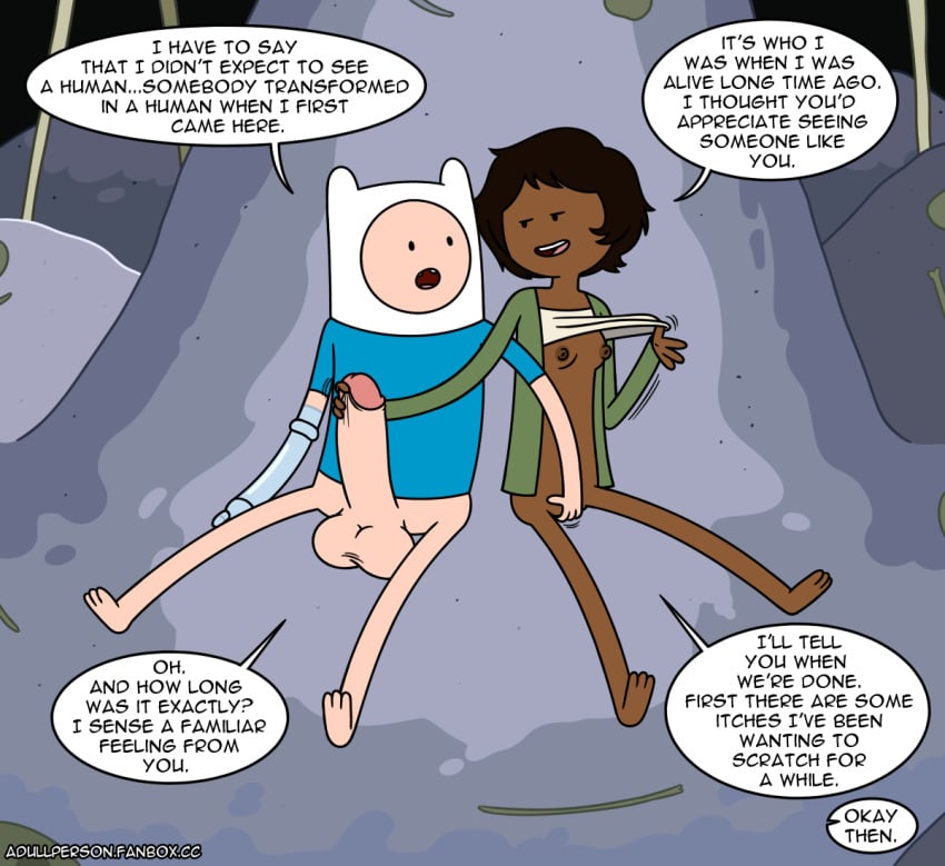 1boy 1girls 4_fingers adullperson adventure_time big_balls big_penis bottomless cartoon_network clothing dark-skinned_female dark_skin elise_(adventure_time) english_text female fingering_partner finn_the_human flashing handjob human human_only interracial jacking_off_another lifting_shirt light-skinned_male light_skin male nipples prosthetic_arm shirt shirt_lift short_hair small_breasts speech_bubble stroking_cock tagme