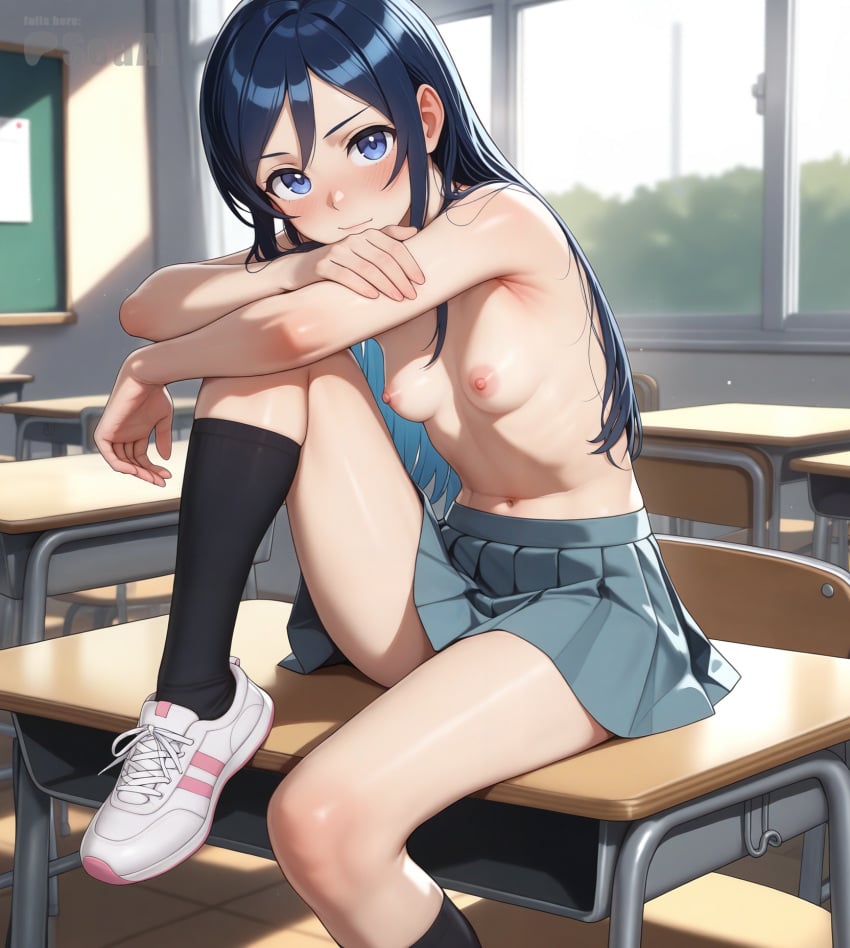 1girls ai_generated aragaki_ayase blush breasts classroom indoors long_hair looking_at_viewer nipples ore_no_imouto_ga_konna_ni_kawaii_wake_ga_nai schoolgirl seacreator shoes sitting sitting_on_table skirt small_breasts socks solo topless