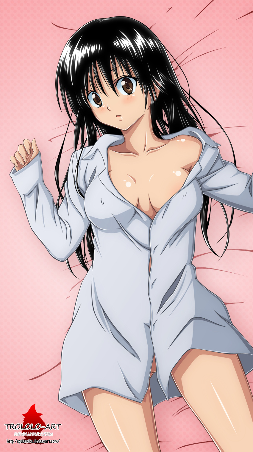 1girls black_hair breasts brown_eyes eguiamike female kotegawa_yui no_bra on_bed sleep_shirt solo to_love-ru