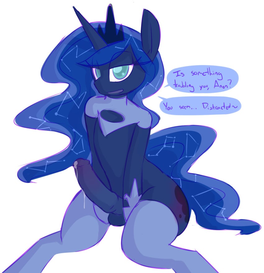 2014 alicorn animal_genitalia balls blue_eyes blue_fur blue_hair cum cutie_mark dialog dickgirl english_text equine friendship_is_magic fur hair horn horse horsecock intersex looking_at_viewer mammal my_little_pony penis plain_background pony princess_luna_(mlp) semi-anthro solo stockings text white_background whoop wings