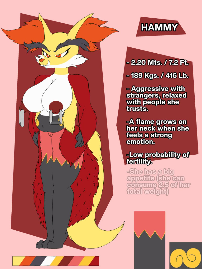 3:4 absurd_res anthro areola big_breasts black_body black_fur breasts canid canine delphox digital_drawing_(artwork) digital_media_(artwork) emboar english_text eyebrows fakemon fangs female flamberry_(artist) fox fur fusion generation_5_pokemon generation_6_pokemon genitals hammy_(flamberry) hi_res hybrid ibispaint_(artwork) inner_ear_fluff long_eyebrows mammal nintendo nipple_piercing nipples nude orange_body orange_fur orange_nose overweight piercing pokemon pokemon_(species) pokemon_fusion pussy red_areola red_body red_fur red_nipples reference_image simple_background solo tail teeth text tuft white_body white_fur yellow_body yellow_fur