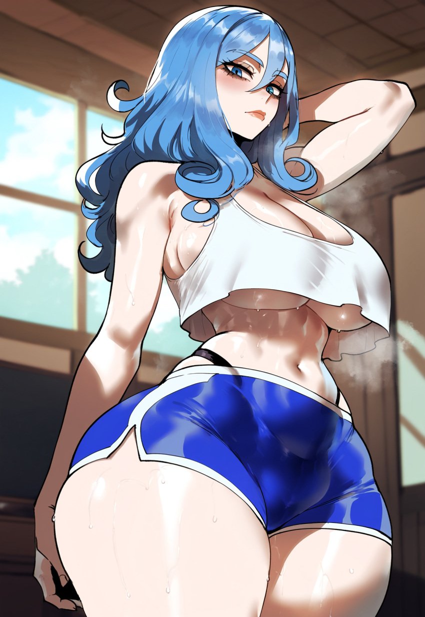 ai_generated ass ass_focus big_ass big_breasts big_butt big_thighs blue_eyes blue_hair cleavage crop_top crop_top_overhang curvy curvy_female curvy_figure day dijiai dojo fairy_tail focus from_below from_front_position front_view hand_in_hair highleg hourglass_figure indoors juvia_lockser looking_at_viewer navel nsfw pose round_ass round_butt short_shorts shorts standing steam steaming_body sweat thiccwithaq_(ai_style) thick thick_ass thick_butt thick_legs thick_thighs thighs underboob wide_hips