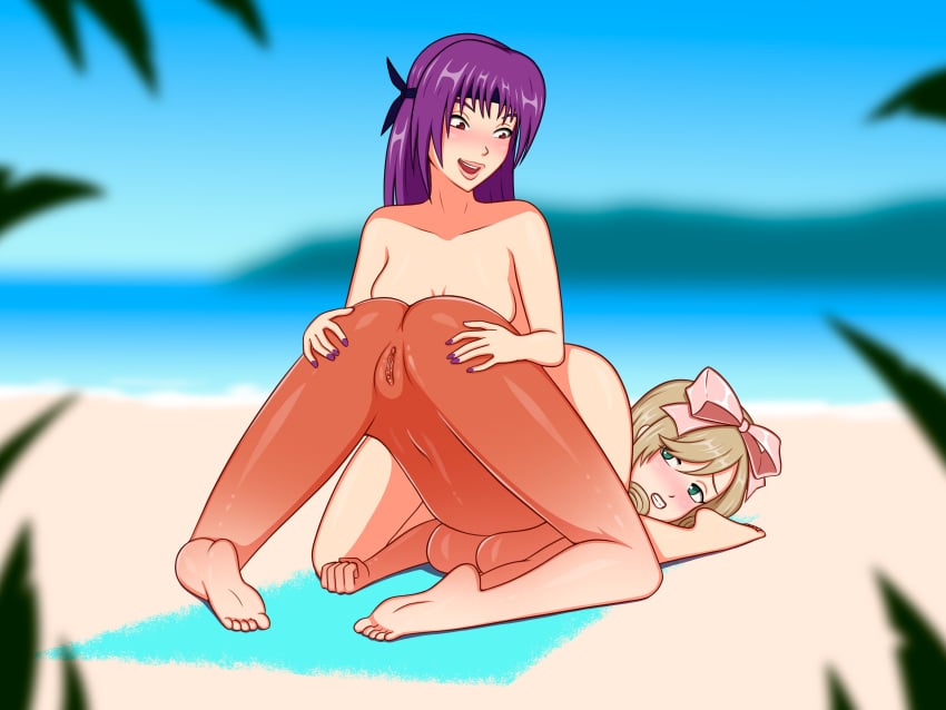 2girls anoneysnufftan applying_sunscreen ass ayane_(doa) beach beach_towel blurry_background brown_hair clenched_teeth dead_or_alive embarrassed embarrassed_nude_female face_down_ass_up female female_only hairbow haruka_(senran_kagura) headband humiliation imminent_death killer_lotion lotion massage murder nude nude_beach oil oiled peril punishment purple_hair pussy rubbing sand seaside senran_kagura sinfulline sky snuff summer sunbathing sunscreen towel