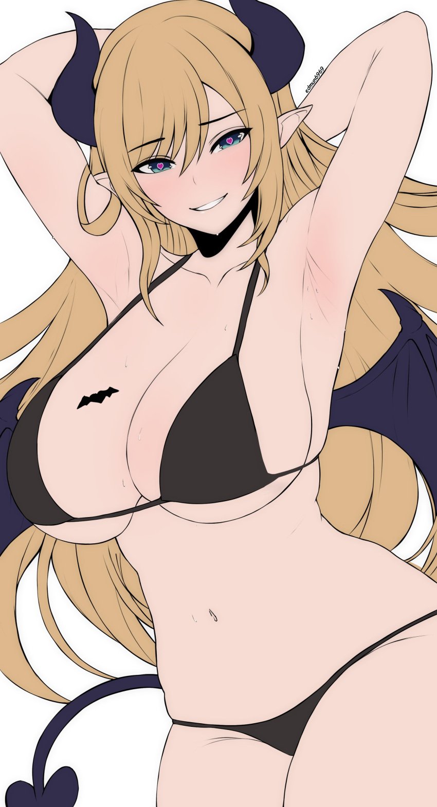 arms_behind_head big_breasts black_bikini blonde_hair edmun green_eyes heart-shaped_pupils succubus_horns succubus_tail succubus_wings tagme tattoo wide_hips wip