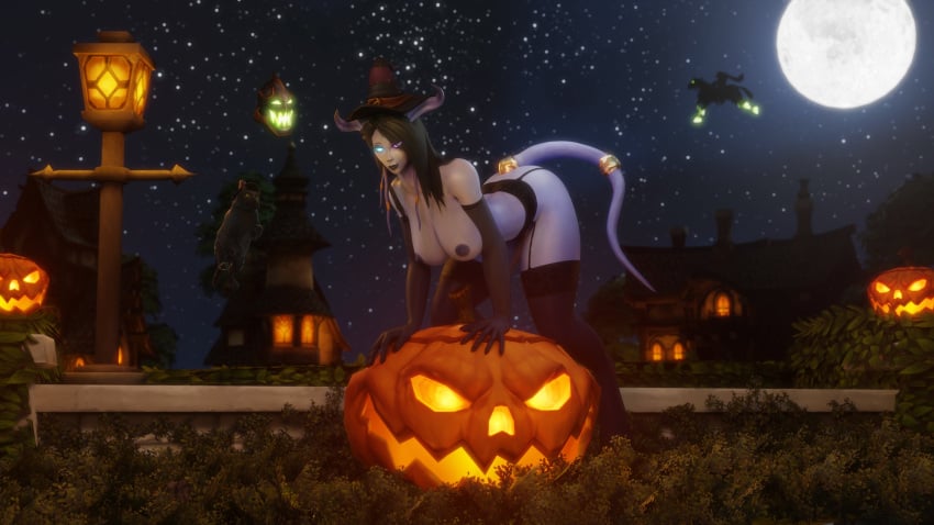 1girls 3d big_breasts black_hair blizzard_entertainment blue_skin curvy_figure draenei female halloween horns huge_breasts jack-o'-lantern morilymory mory nude original_character pinup pussy solo spread_legs stockings tail thick_thighs voluptuous voluptuous_female warcraft wide_hips witch_hat world_of_warcraft