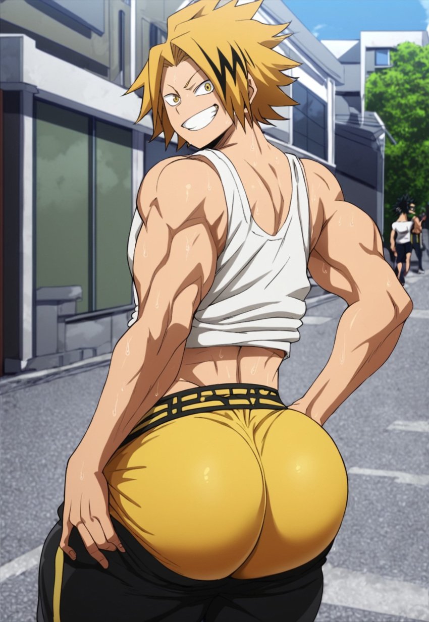 ai_generated ass ass_focus big_ass big_butt boku_no_hero_academia butt_focus civitai denki_kaminari fat_ass fat_butt kaminari_denki male male_only muscular muscular_male my_hero_academia public sagging sagging_pants solo solo_male tank_top thesatyrboi underwear yellow_eyes yellow_hair yellow_underwear