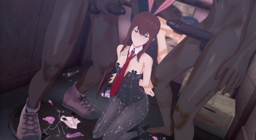 1boy 1girls background_sex blush bunny_costume bunny_ears bunnysuit covered_in_cum cum_on_body cum_on_clothes cum_on_floor dark-skinned_male dark_skin grabbing_penis hands_behind_back interracial koikatsu looking_at_viewer makise_kurisu pantyhose pasties self_upload steins;gate surrounded_by_penises tie