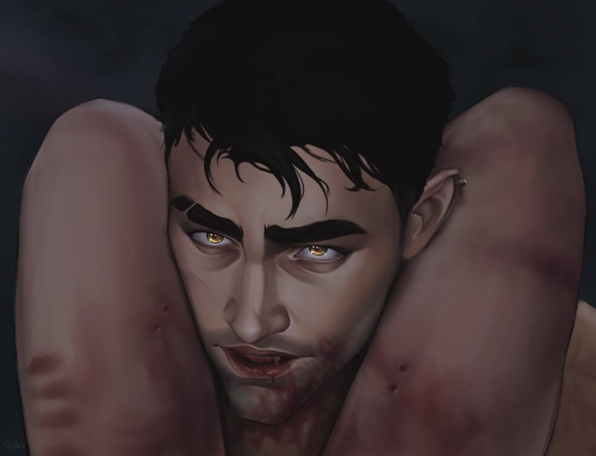 arcane arcane_jayce bite bite_mark bite_mark_on_thigh bite_marks biting face_closeup jayce_talis league_of_legends male no_visible_genitalia thighs vampire yaoi