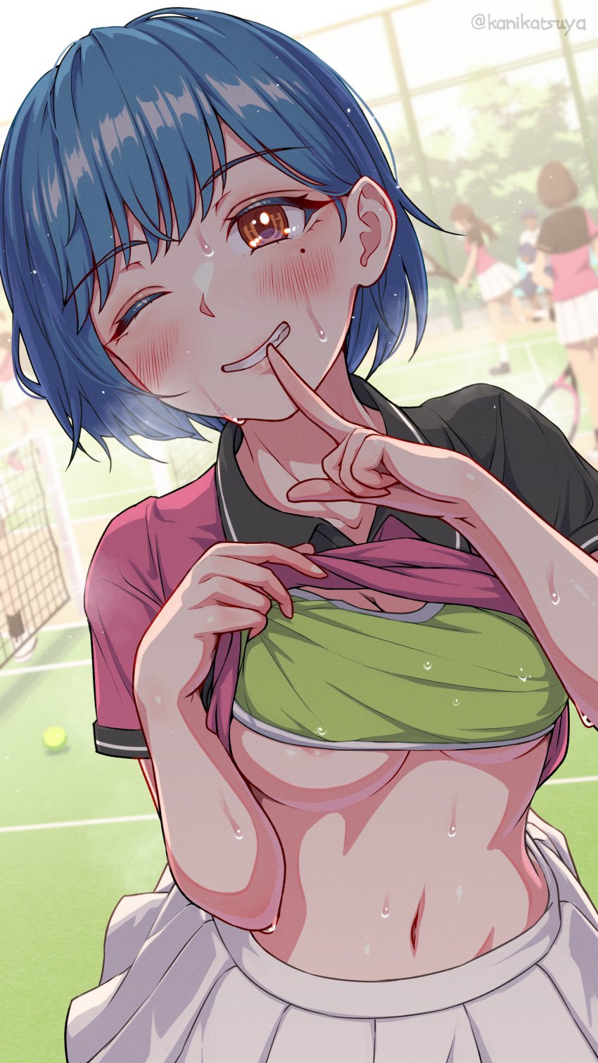 ;) absurdres areola_slip background_people bellybutton blue_hair blush breasts cleavage day highres kanikatsuya looking_at_viewer medium_breasts mole mole_under_eye navel orange_eyes original pink_shirt public_indecency public_nudity pulling_own_clothes shirt_lift short_hair shushing skirt smile solo solo_focus sport sports_bra sportswear standing sweat teeth tennis tennis_ball tennis_court tennis_uniform two-tone_shirt underboob white_skirt wink