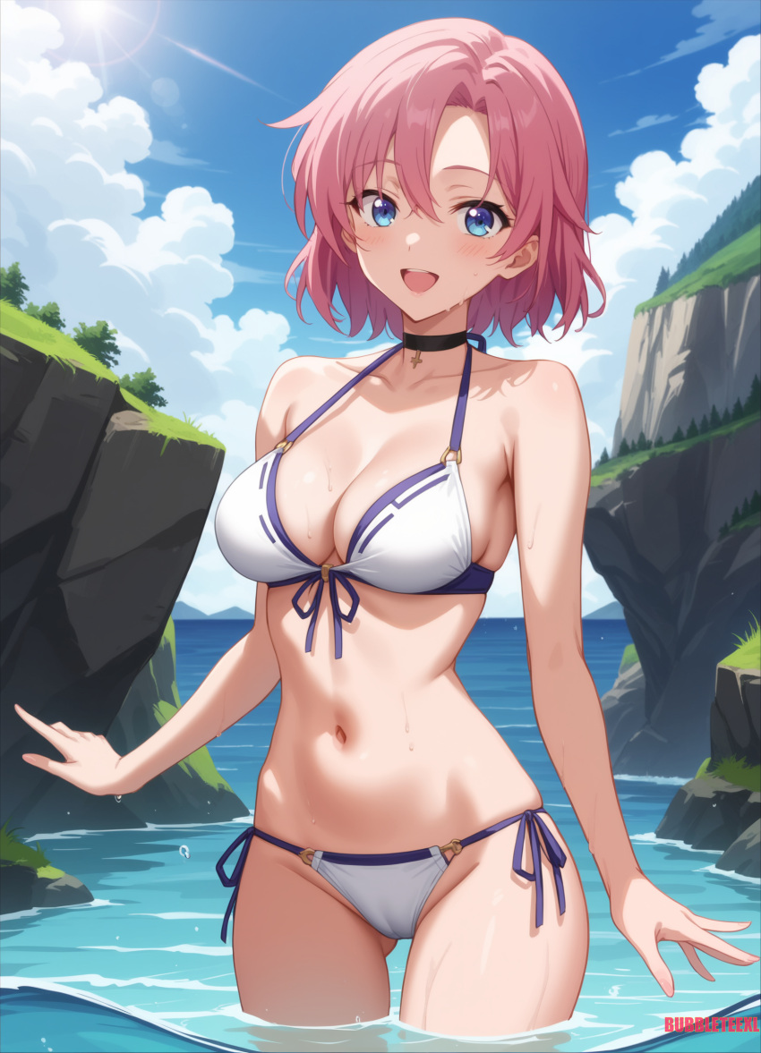 ai_assisted ai_generated anime beach bikini danball_senki lbx_girls riko_morisazwa side_tie_bikini side_tie_bikini_bottom standing_in_water wading white_bikini