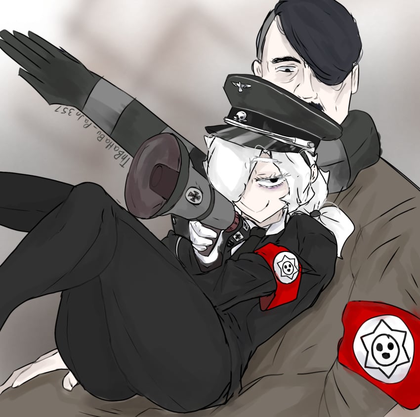 adolf_hitler ass black_hair blonde_hair brawl_stars colette_(brawl_stars) dolfy edgar_(brawl_stars) female female_focus gray_hair legs male nazi nazi_uniform scarf smile thbahabu_pajn357 thighs uniform white_hair