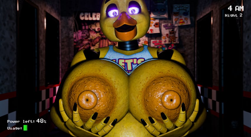 3d_(artwork) animatronic anthro avian belly bib big_breasts bird blender_(artwork) blender_eevee breasts chica_(fnaf) chica_(octal) chicken digital_media_(artwork) female five_nights_at_freddy's galliform gallus_(genus) glowing glowing_eyes hand_on_breast hi_res holding_breast looking_at_viewer machine nipples office phasianid purple_eyes robot robot_anthro scott_cawthon scottgames smile smiling_at_viewer solo theant/thedirtyant yellow_body yellow_skin