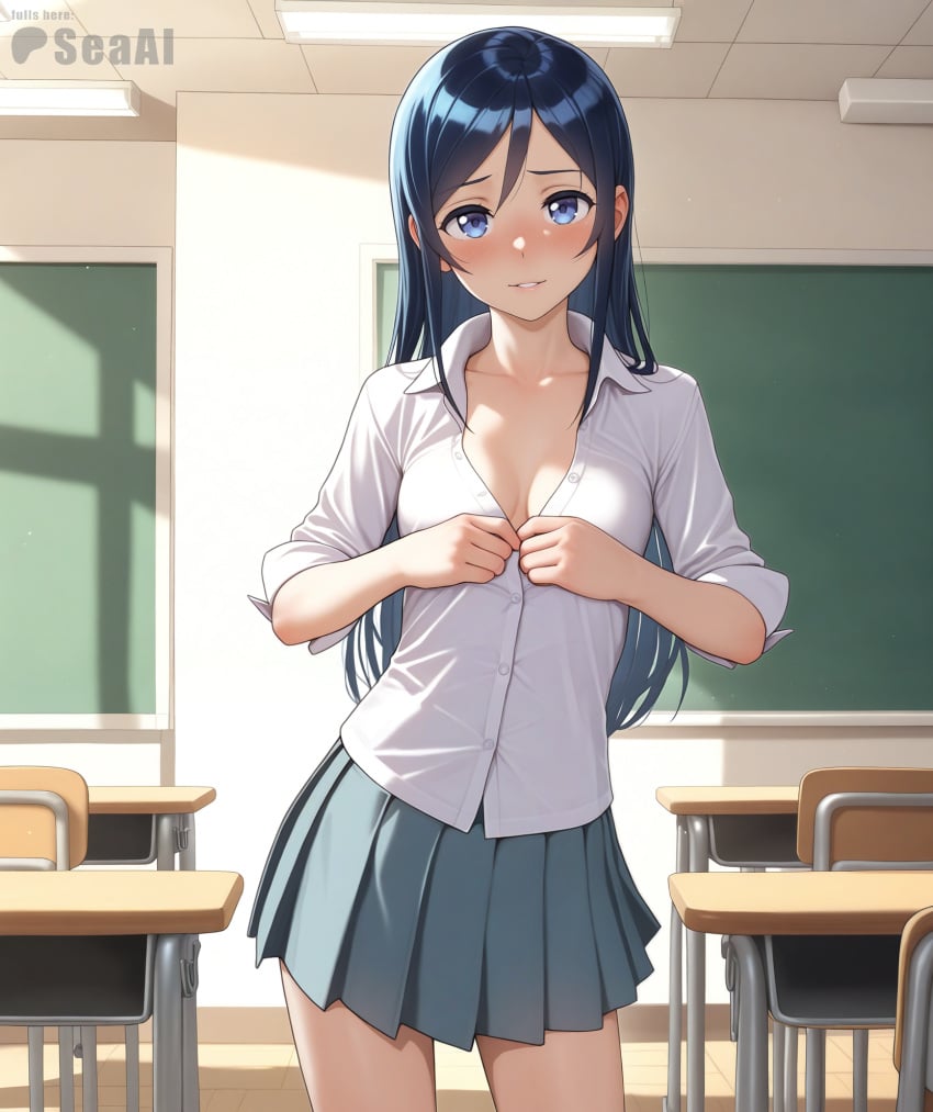 1girls ai_generated aragaki_ayase blush breasts classroom cleavage cowboy_shot indoors long_hair looking_at_viewer ore_no_imouto_ga_konna_ni_kawaii_wake_ga_nai school_uniform schoolgirl seacreator skirt small_breasts solo standing unbuttoning undressing