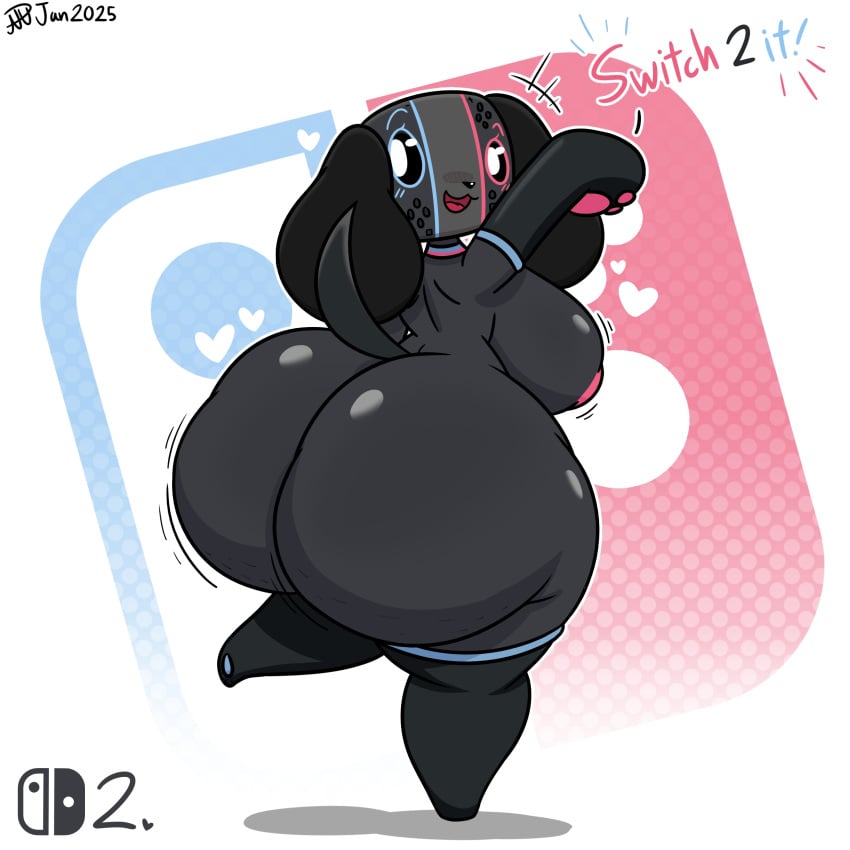 2025 absurd_res anthro ass big_breasts big_butt black_body black_tail blush blush_lines breasts canid canine canis digital_drawing_(artwork) digital_media_(artwork) domestic_dog english_text female heart_symbol hi_res looking_at_viewer looking_back looking_back_at_viewer machine mammal nintendo nintendo_switch_2 nipples on_one_leg open_mouth pink_nipples raised_leg raised_tail randompersonguy robot signature simple_background solo standing switch_dog_2 tail text thick_thighs white_background