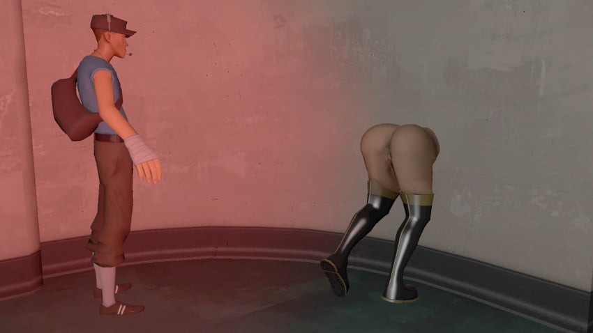 1boy1girl a-pose ass badatsfm big_ass boots clothed clothed_male clothed_male_nude_female female fempyro humor imminent_sex large_ass latex latex_thighhighs male naked naked_female nude nude_female nude_female_clothed_male ominous pyro_(team_fortress_2) scout_(team_fortress_2) sfm source_filmmaker stuck stuck_in_wall team_fortress_2 tf2