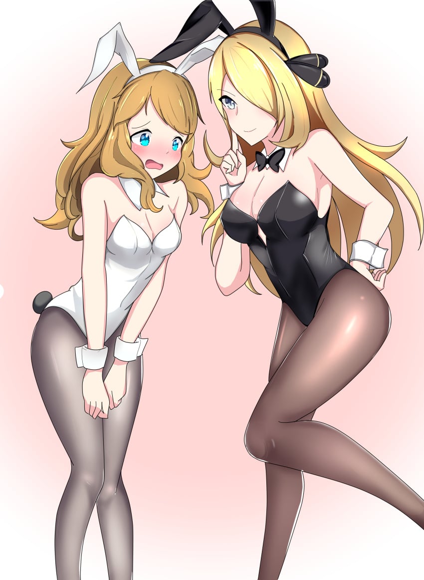 armpit_crease bare_arms bare_shoulders big_breasts black_eyes black_leotard blonde_hair blush breasts brown_hair brown_pantyhose bunny_ears bunnysuit cleavage closed_mouth cynthia_(pokemon) detached_collar embarrassed hair_over_one_eye leotard long_hair medium_breasts open_mouth pantyhose pokemon rfpsuihyou serena_(pokemon) smile strapless_leotard thighs wavy_mouth white_leotard wrist_cuffs