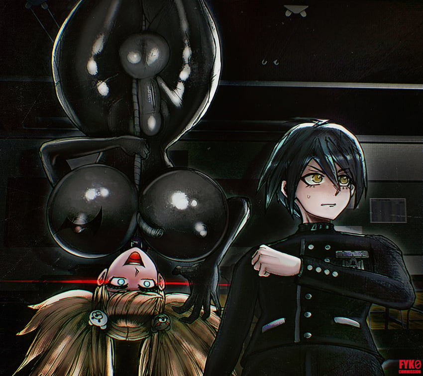 1boy 1futa balls big_breasts big_penis bodysuit cock_bulge commission crazy_eyes crazy_smile danganronpa dark_room erection erection_under_clothes futanari fyk0 glowing_eyes huge_breasts junko_enoshima latex latex_bodysuit latex_suit male penis round_breasts shuichi_saihara surprise thick_thighs unaware wide_hips