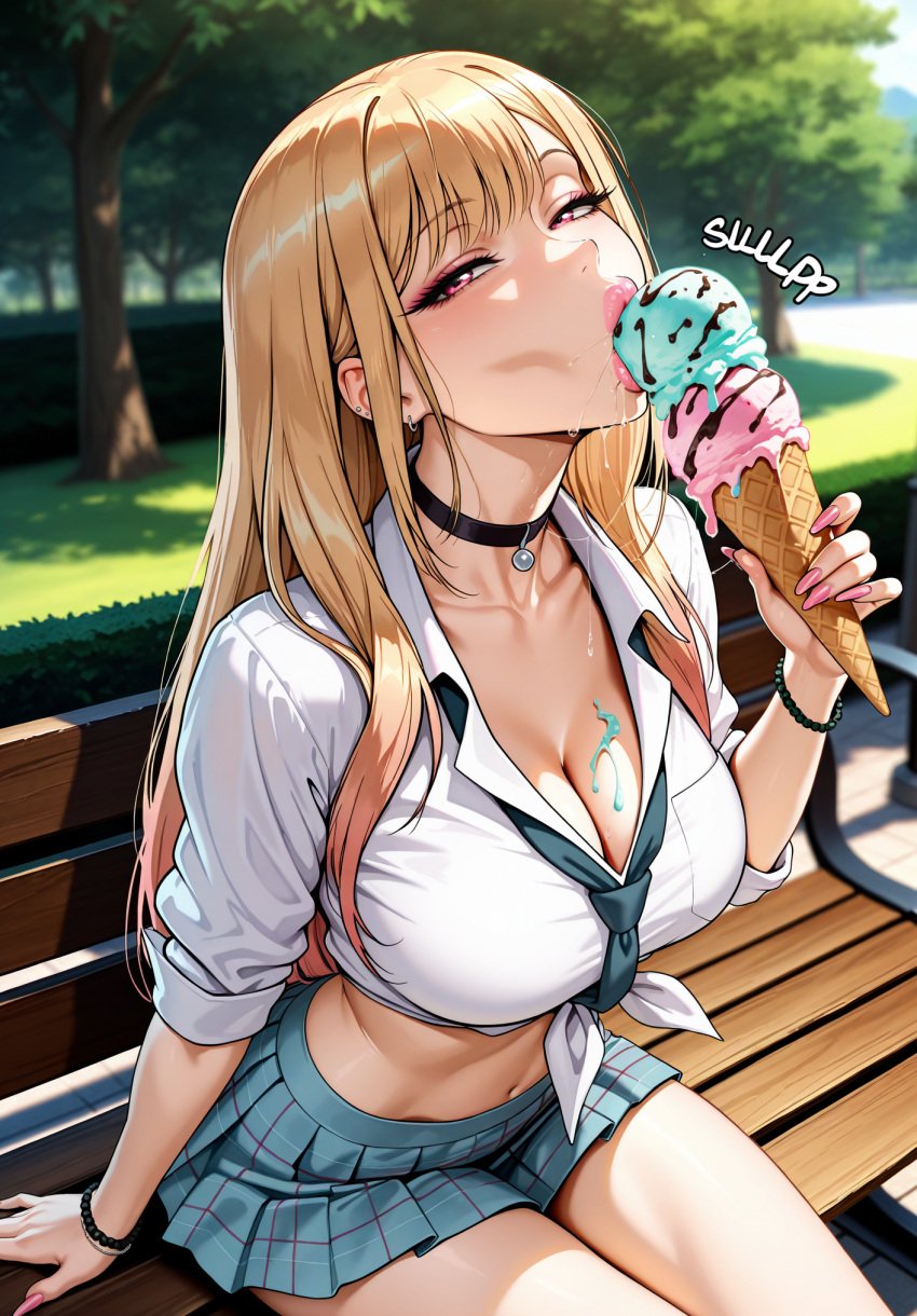 1girls ai_generated bitchy blonde_hair bracelet breasts cheating cheating_girlfriend choker cleavage female human ice_cream japanese_female kitagawa_marin light-skinned_female light_skin lipstick looking_at_another looking_at_viewer makeup midriff multicolored_hair netorare ntr park park_bench piercing pink_eyes pink_lipstick plaid_skirt public public_indecency saliva saliva_drip saliva_string seductive seductive_body seductive_look sitting sitting_on_bench skirt solo solo_female sono_bisque_doll_wa_koi_wo_suru stable_diffusion sucking sucking_ice_cream suggestive tied_shirt vooluxx