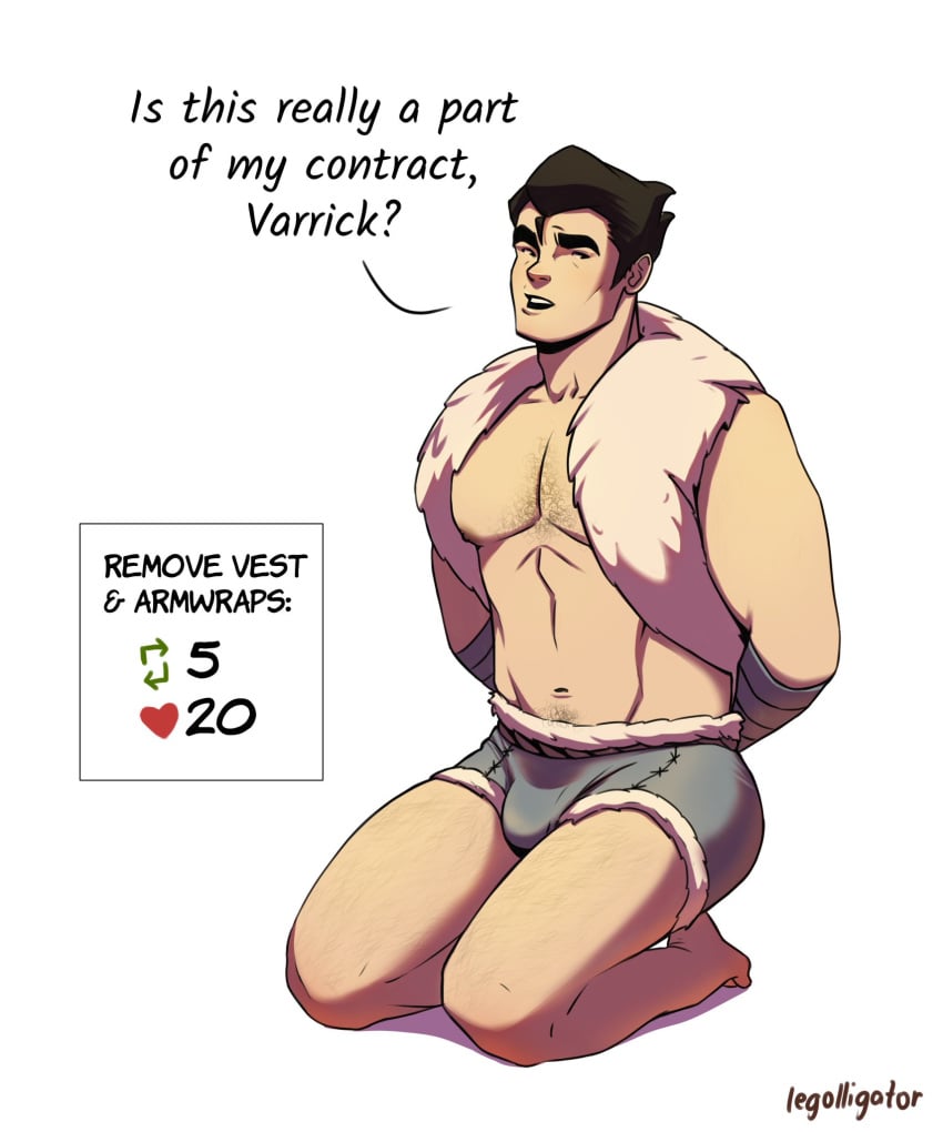 arm_wraps avatar_legends black_hair bolin bulge chest_hair english_text head_on_hand human_only leg_hair legolligator male_only nickelodeon no_visible_genitalia nuktuk on_knees out_of_frame_male the_legend_of_korra twitter_strip_game_(meme) vest white_background