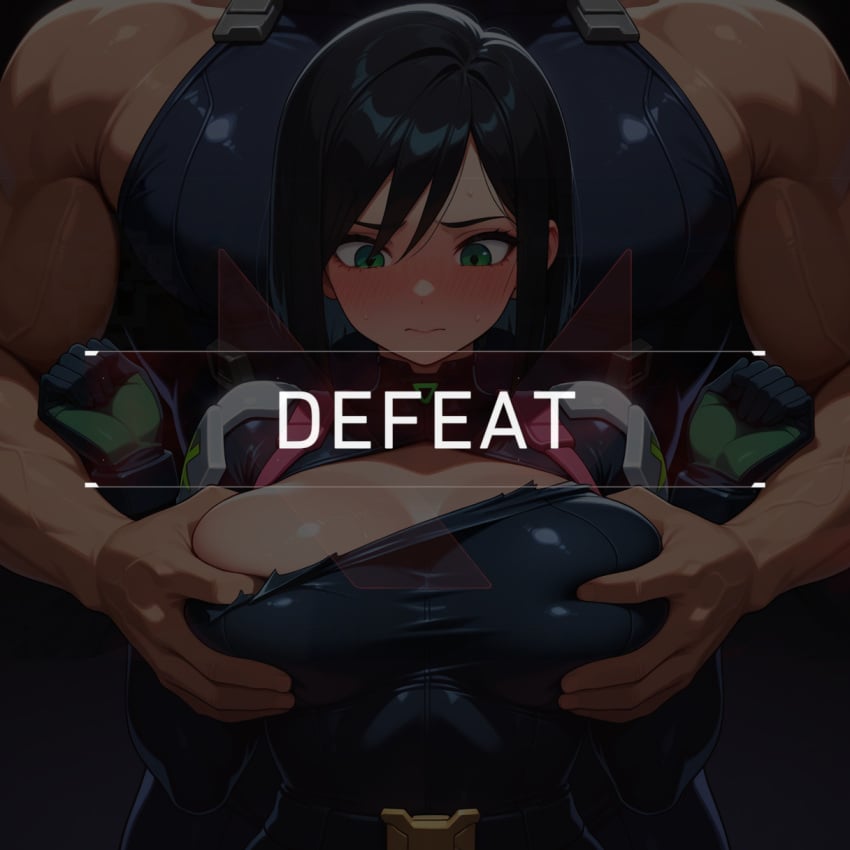 1_boy 1_girl ai_generated big_breasts blush bodysuit defeat defeated embarrassed grabbing_breasts grabbing_from_behind muscular_male ripped_clothing short_hair stable_diffusion valorant viper_(valorant) wide_hips